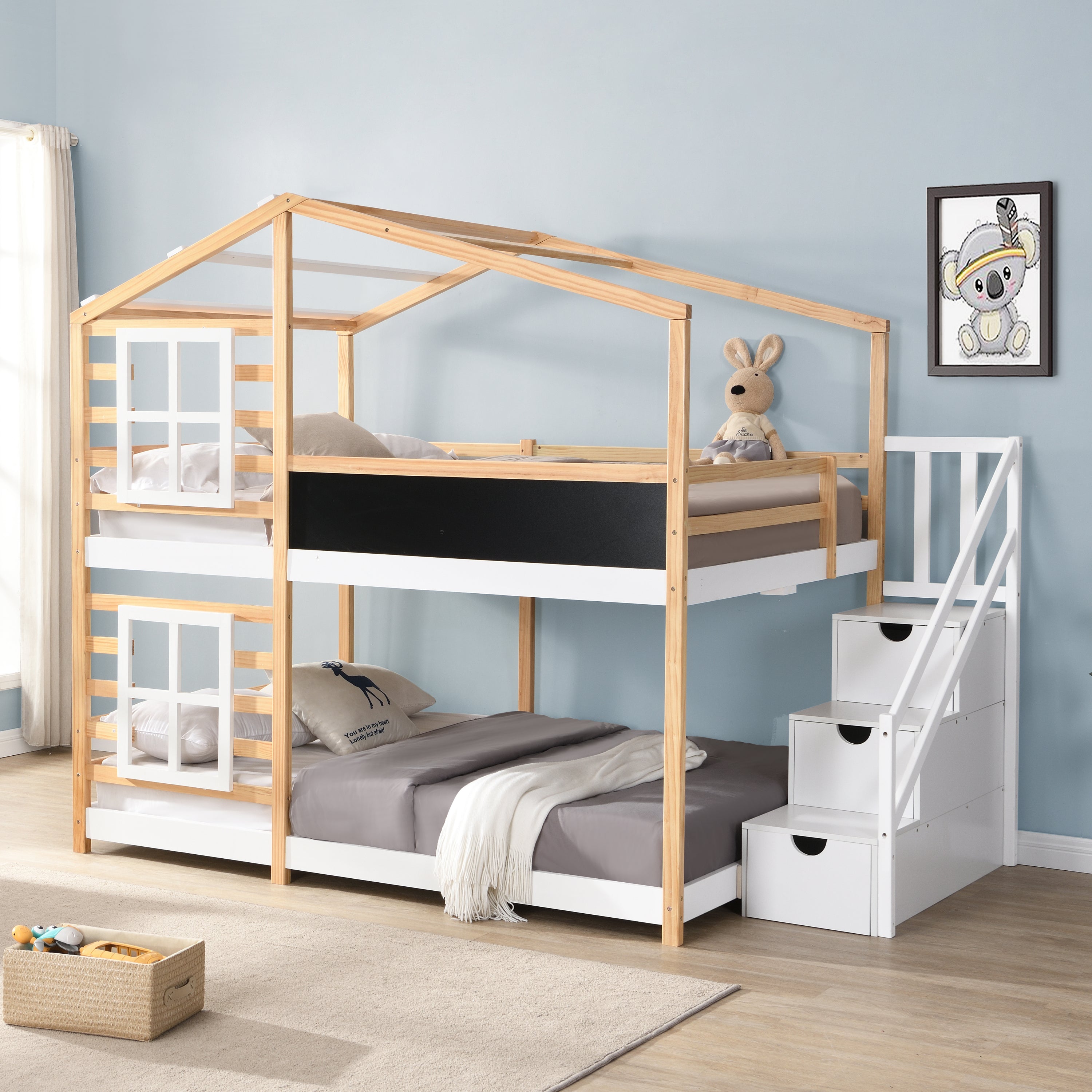 Full over Full  Bunk Bed House Bed With Roof Windows Blackboard And Storage Ladder Platform Bed,bed Frame