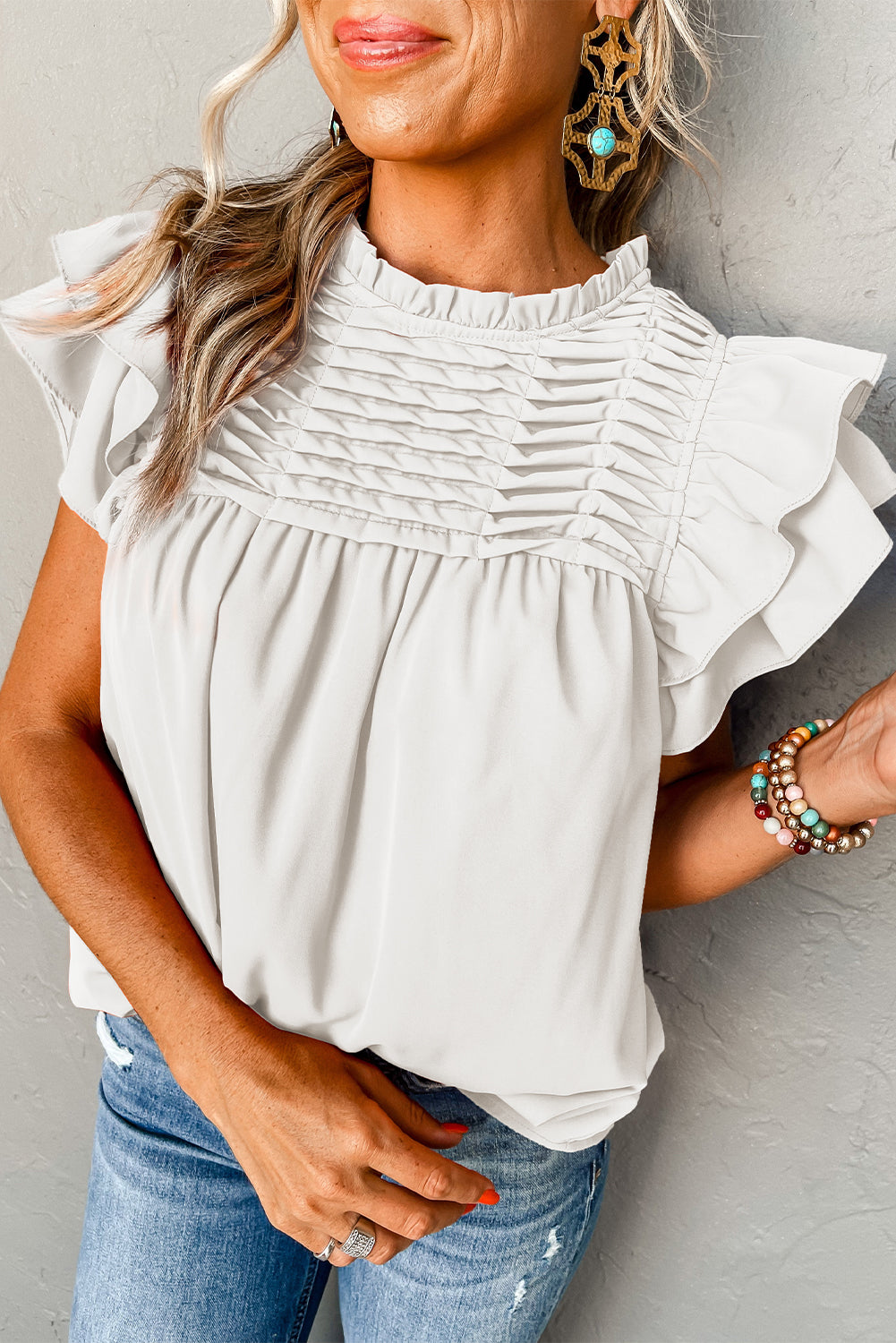 Grapefruit Orange Ruched Frilled Neck Ruffle Blouse - Eloy Royal