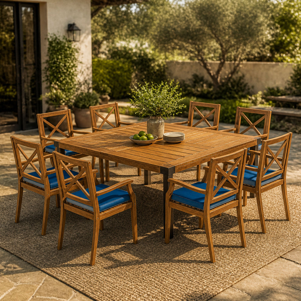 9‑Piece Acacia Wood Outdoor Patio Dining Set, 64' Square Teak Finish Wooden Table with X‑Back Arm Chairs and Blue Cushions, Patio Furniture for Backyard Garden Deck