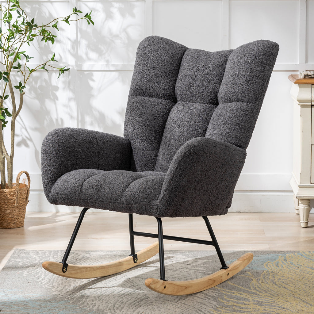 Teddy Fabric Wingback Glider Rocker with Side Storage Pocket, Soft Comfy Nursing Rocking Chair, Sturdy Safe Solid Wood Base, Multiuse Accent Chair for Nursery & Living Room,Grey