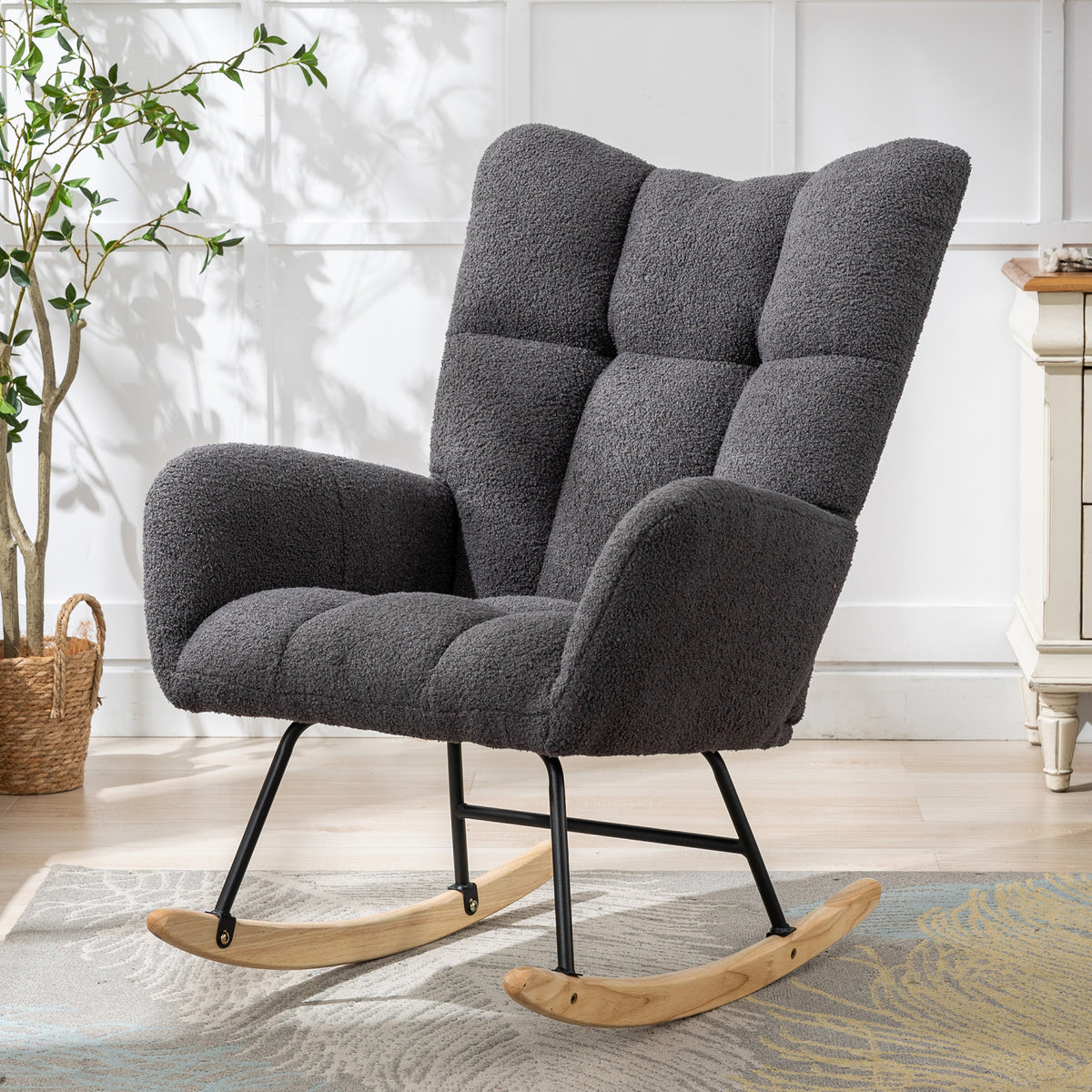 Teddy Fabric Wingback Glider Rocker with Side Storage Pocket, Soft Comfy Nursing Rocking Chair, Sturdy Safe Solid Wood Base, Multiuse Accent Chair for Nursery & Living Room,Grey