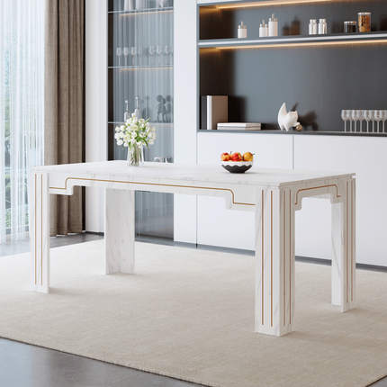 71 × 31.5 inch white marble patterned MDF spliced tabletop dining table with grooved legs design. Home dining table, suitable for 6-8 people. Flexible adaptation to restaurants, living rooms, etc.