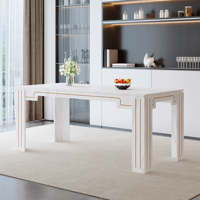 71 × 31.5 inch white marble patterned MDF spliced tabletop dining table with grooved legs design. Home dining table, suitable for 6-8 people. Flexible adaptation to restaurants, living rooms, etc.