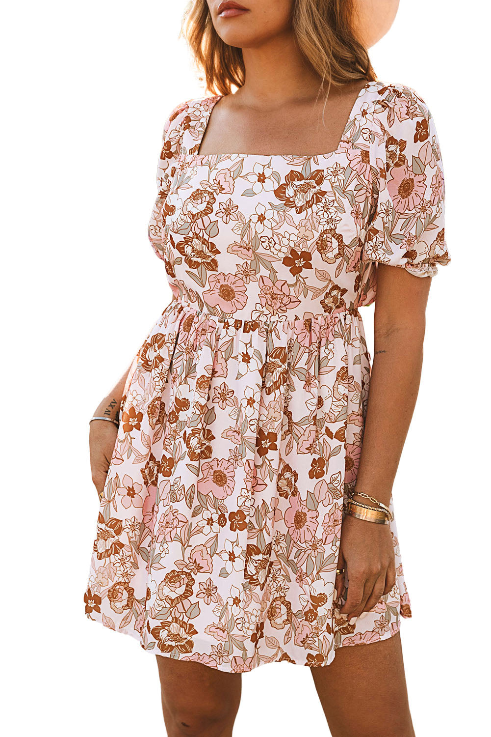 White Floral Print Square Neck Knot Backless Short Dress - Eloy Royal