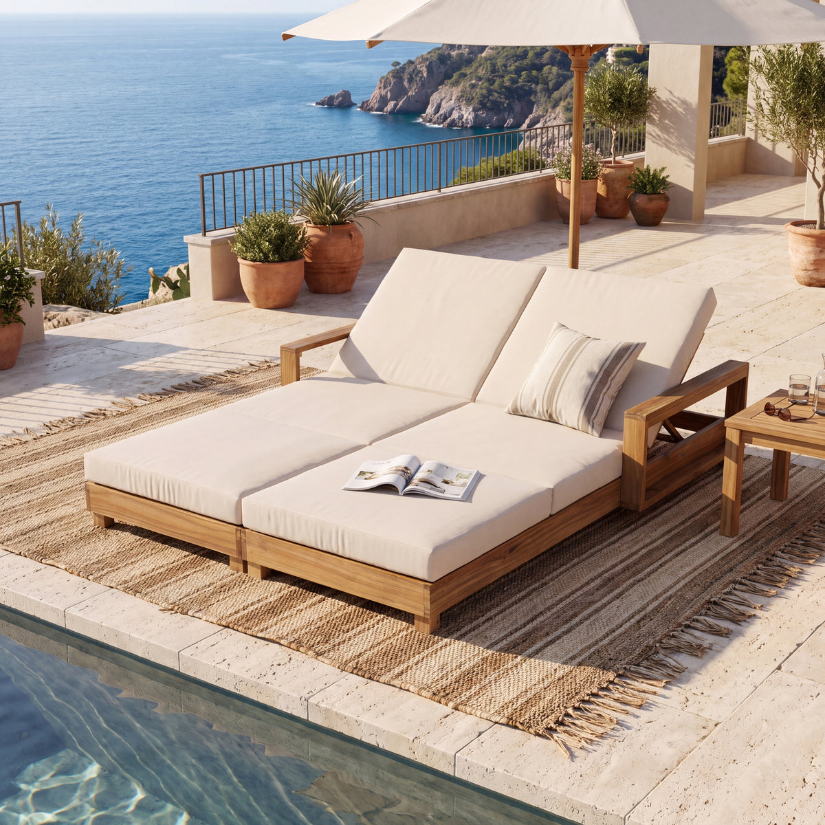 Double Acacia Wood Chaise Lounge Set, 1 Double Recliner with 2 Pieces 3-Fold Cream Cushions, 4-Position Adjustable Backrests, 4 Inch Water Resistant Cushion, 800 LBS Load Capacity for Patio, Poolside
