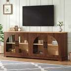Farmhouse TV Stand with Semi-Arched Glass Doors for TVs Up to 70', Elegant Two-Tone Media Console with Adjustable Shelves, Wood Grain Sideboard with Cable Management for Living Room, Walnut+Natural
