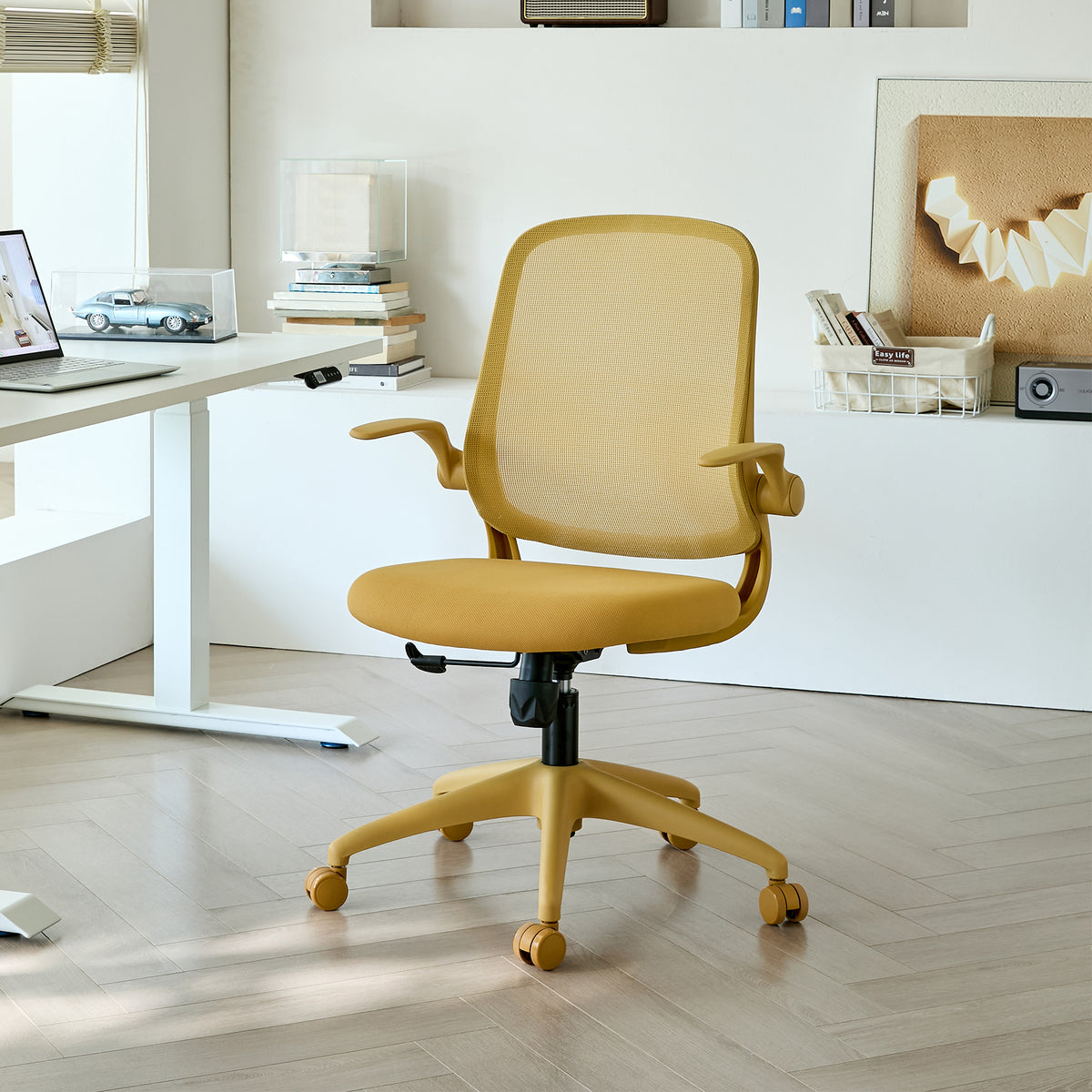Ergonomic Color Office Chair 350LBS, Home Office, Mesh Back, Integrated Molded Foam, Comfortable Sitting, Flipping Armrest, Fireproof, Rotating, Lifting Multifunctional Chair (Yellow)