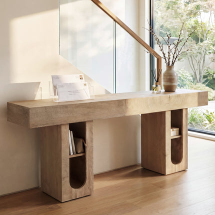 63 Inch Long Console Table with Outlet, Entryway Table with Storage Shelves, Thick Heavy Duty High Density MDF Farmhouse Sofa Table for Hallway Behind Couch,Living Room,Wood