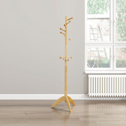 Natural Finish Coat Rack Solid Wood, 11 Hooks Coat Hanger Stand Entryway Home Furniture 1pc