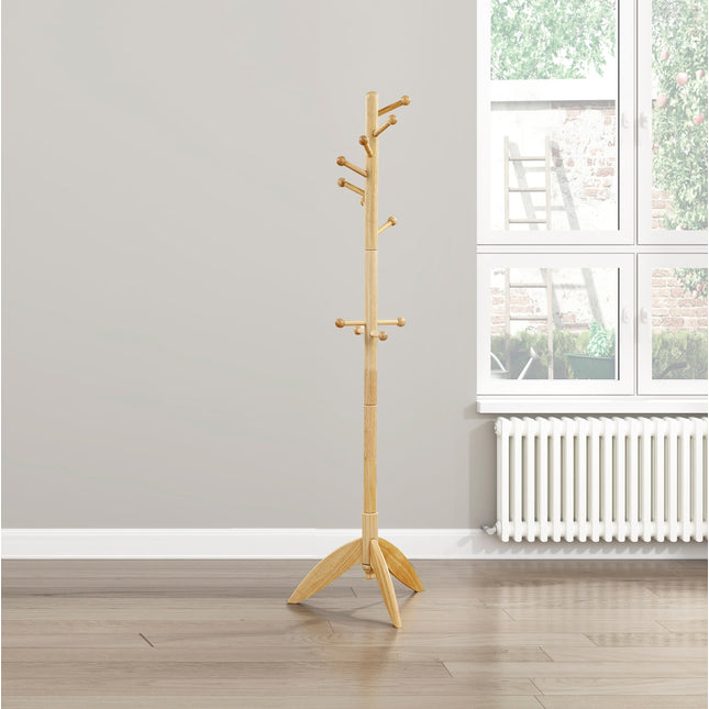 Natural Finish Coat Rack Solid Wood, 11 Hooks Coat Hanger Stand Entryway Home Furniture 1pc