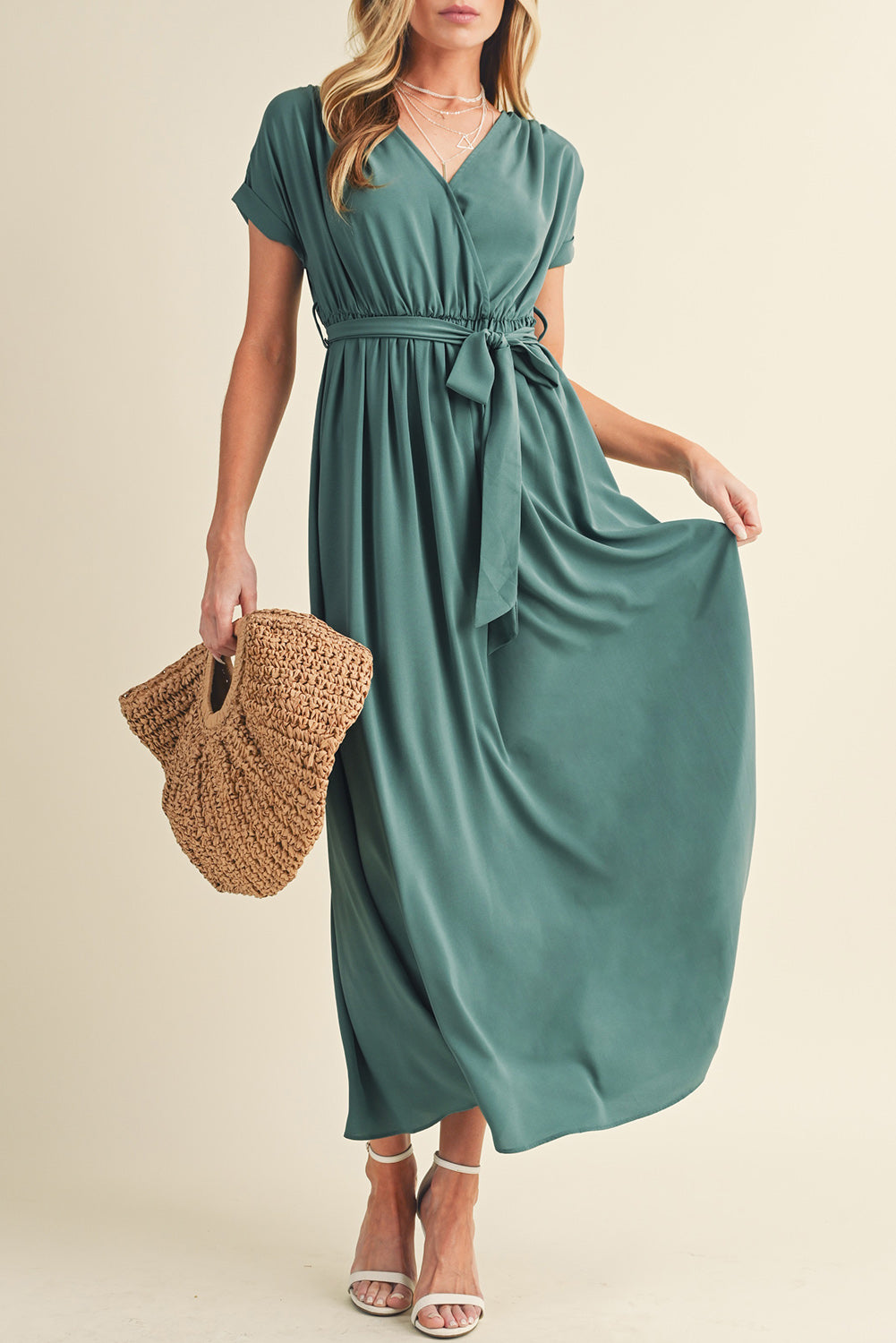 Wholesale Green Wrap V Neck Belted Pleated Maxi Dress - Eloy Royal