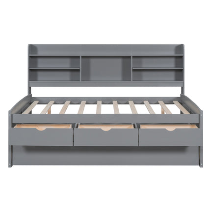 Full Size Wooden Captain Bed with Built-in Bookshelves, Three Storage Drawers and Trundle in Light Grey - Solid Pine Wood + MDF