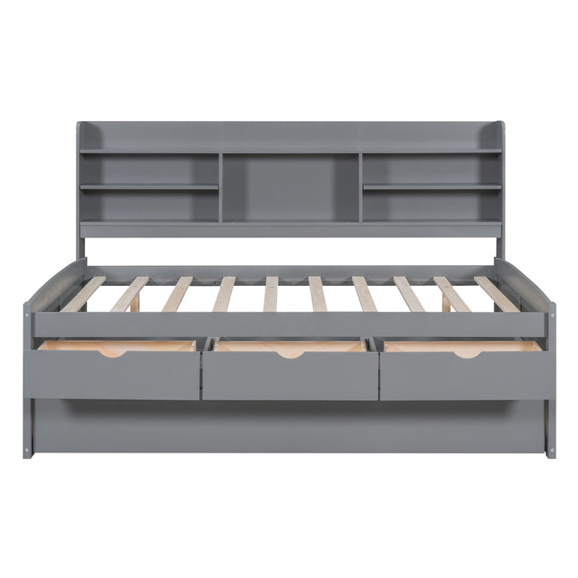 Full Size Wooden Captain Bed with Built-in Bookshelves, Three Storage Drawers and Trundle in Light Grey - Solid Pine Wood + MDF