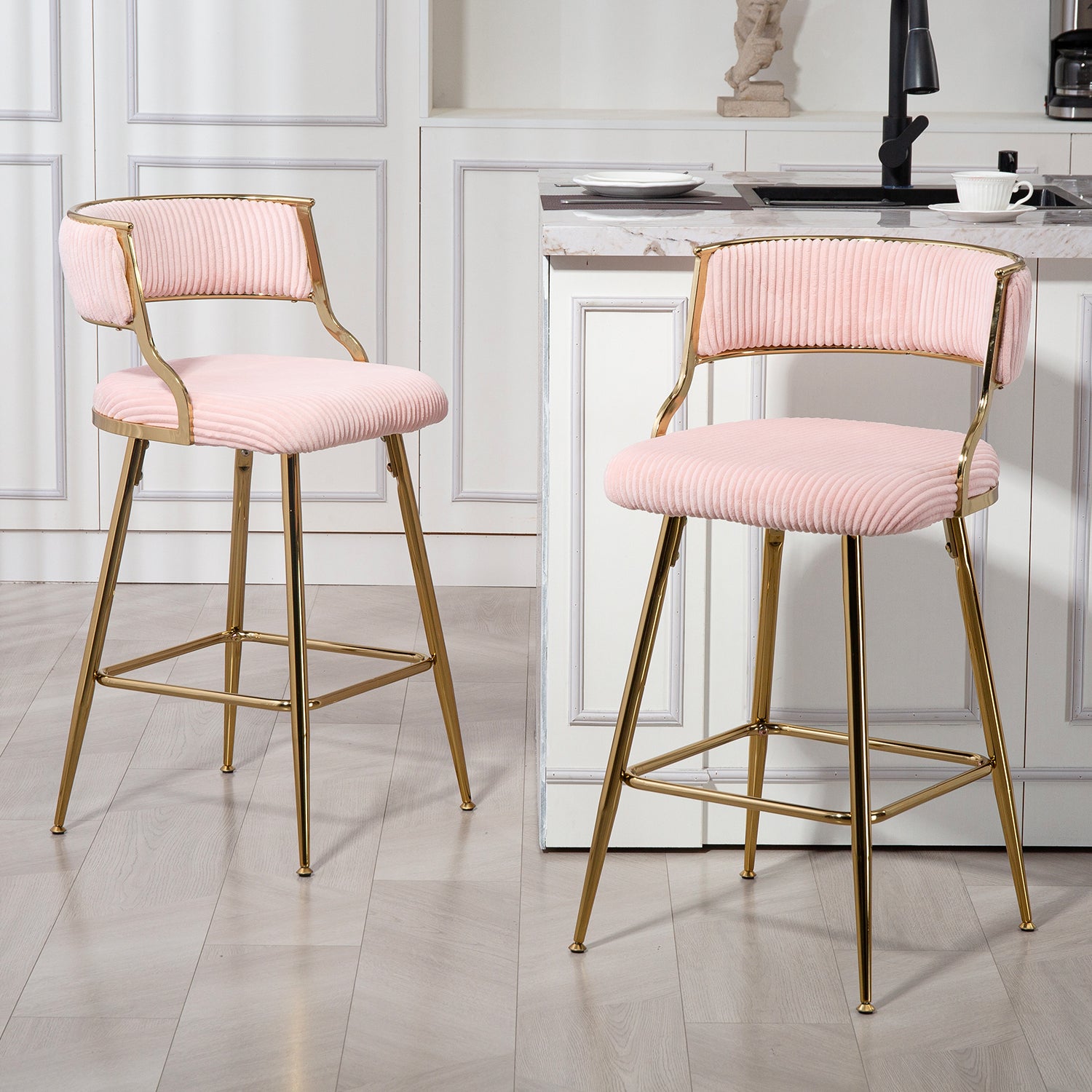 (SET of 2) 26'' Counter height bar stools Corduroy kitchen island counter bar stool with back,golden chromed base and footrest (PINK)
