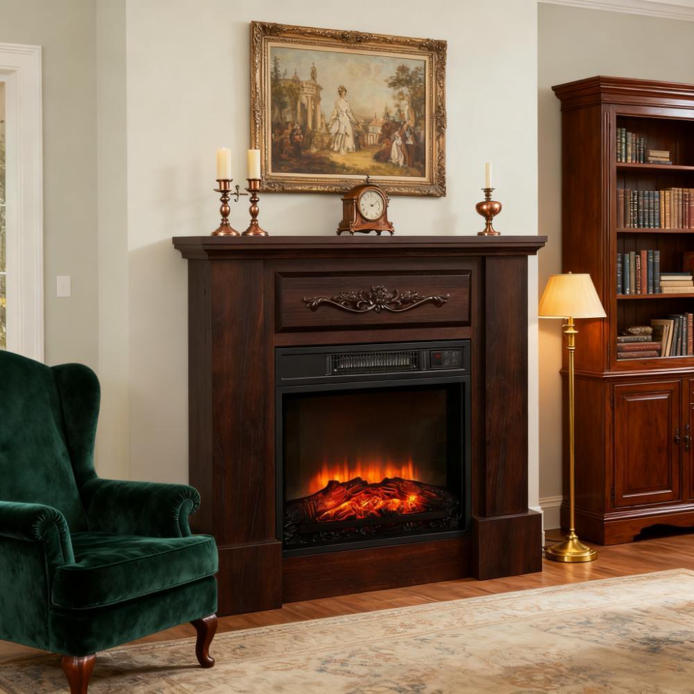 Freestanding Heater with LED Log Flame,Electric Fireplace with Mantel,Overheat Protection and Remote Control