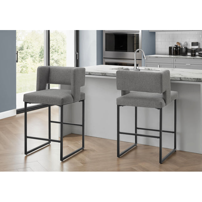 Barstool, Counter Height, Set Of 2, Kitchen, Grey Fabric, Black Metal, Contemporary, Modern