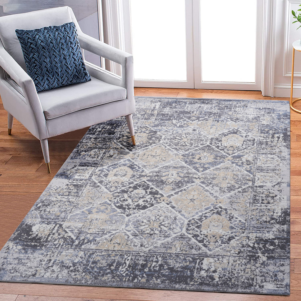 LOOM & LUXE Collection 8X10 Grey/Blue /Traditional Non-Shedding Living Room Bedroom Dining Home Office Stylish and Stain Resistant Area Rug