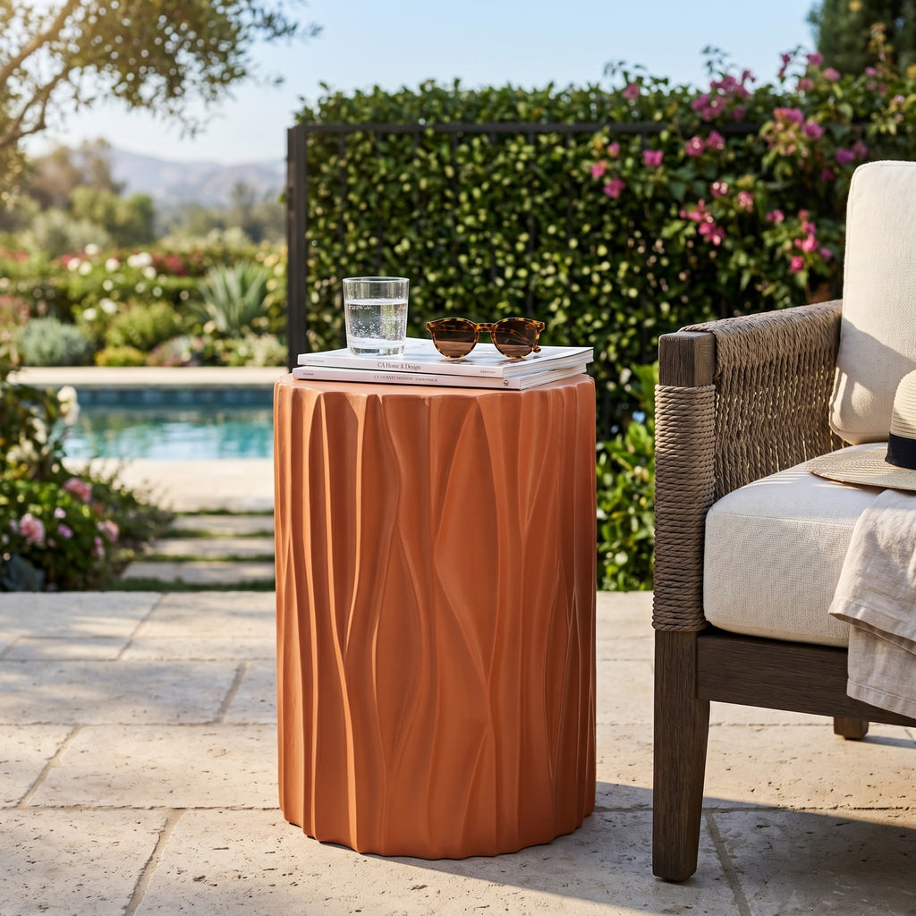 Terracotta Wave Textured MGO Cylindrical Side Table, Pre-Assembled Non-KD Accent End Table, 66 LBS Weight Capacity, Indoor & Outdoor Multi-Use Stool Table for Living Room Patio Balcony