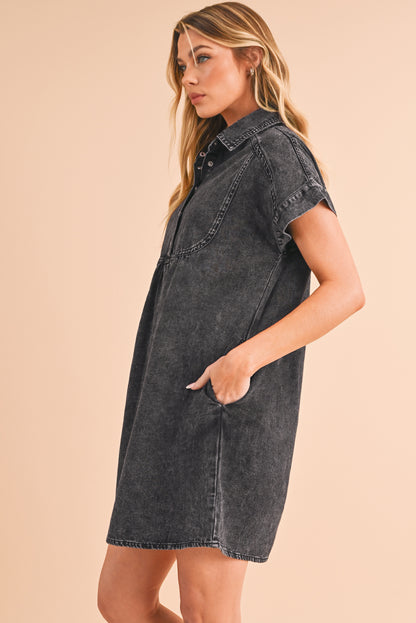 Black Vintage Snap Buttoned Mini Denim Dress - Eloy Royal