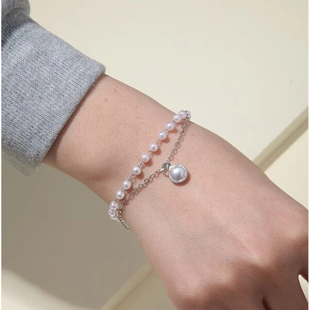 Alloy Beads Retro Simple Double Layers Loving Heart Pearl Bracelet