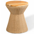 SOLHOME 14.2' Polyrattan Stool with Wood Lid, Natural Resin Wicker Accent Table – Indoor Outdoor Side Table with Steel Frame