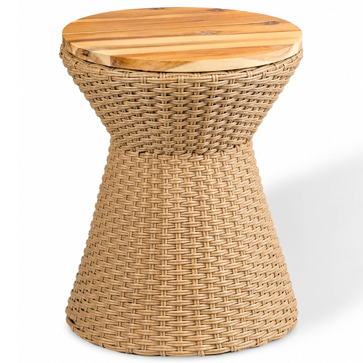 SOLHOME 14.2' Polyrattan Stool with Wood Lid, Natural Resin Wicker Accent Table – Indoor Outdoor Side Table with Steel Frame