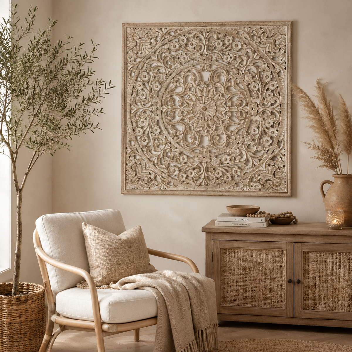 Handcrafted Wooden Wall Art 48 x 48 Inches Large Mandala Carved Wall Decor Decorative Wooden Wall Panel for Living Room, Bedroom, Entryway & Office