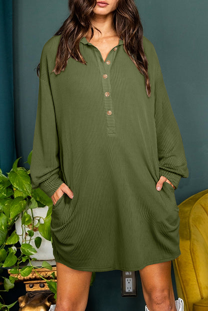 Moss Green Corded Buttons Placket Collared Shift Dress