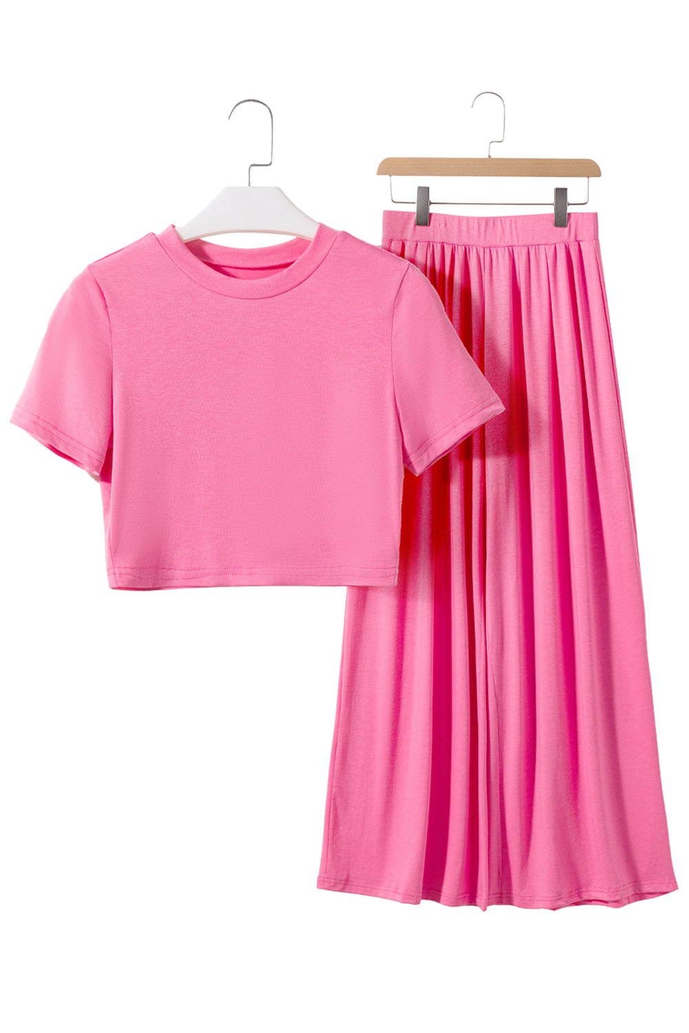 Strawberry Pink Plain Slim Fit Crop Top And Wide Leg Pants Set - Eloy Royal