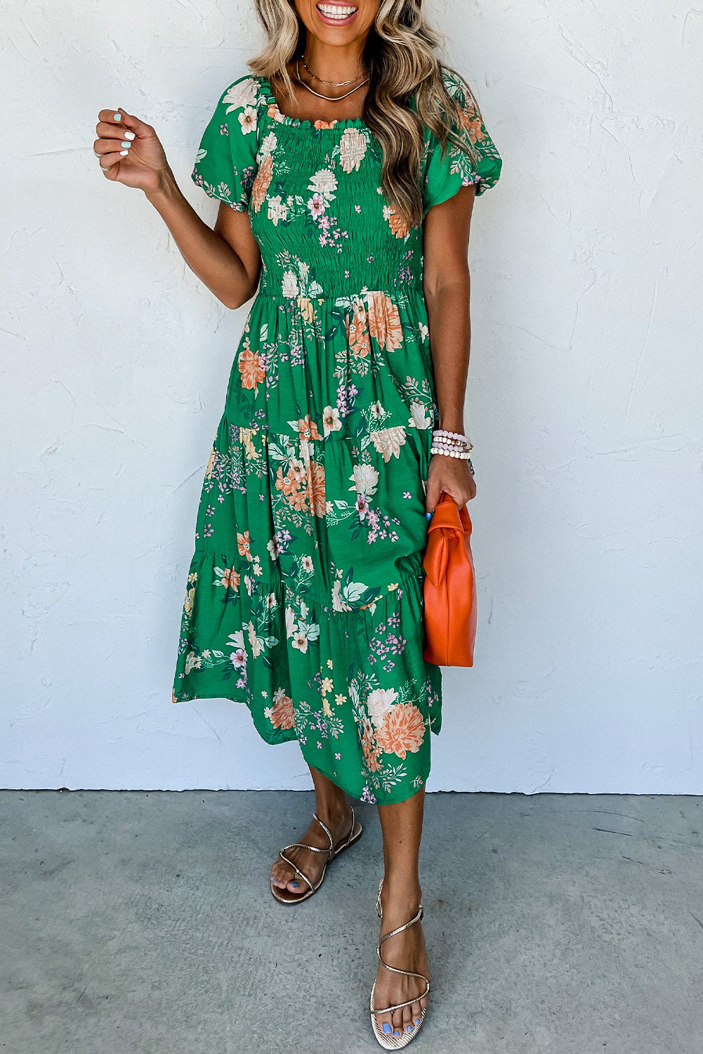 Green Floral Print Bubble Sleeve Smocked Tiered Midi Dress - Eloy Royal