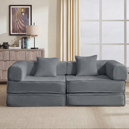 78' Convertible Sofa Bed, Modular Corduroy Couch with 2 Pillows, Space-Saving Compressed Floor Sofa, Ideal for Living Room, Bedroom, Apartment,Grey.