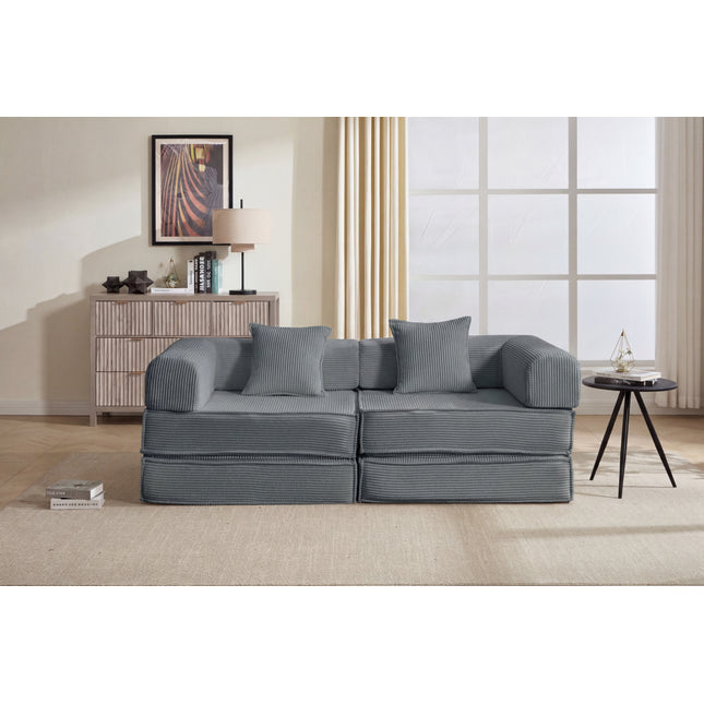 78' Convertible Sofa Bed, Modular Corduroy Couch with 2 Pillows, Space-Saving Compressed Floor Sofa, Ideal for Living Room, Bedroom, Apartment,Grey.