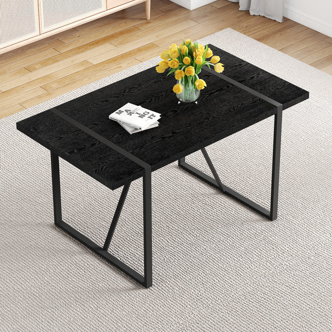 A 55-Inch minimalist retro rectangular dining table with a black textured top with Inset Rectangular Black Metal legs.Minimalist MDF Tabletop.Meeting various purposes such as dining and working.