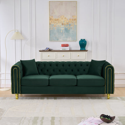 86' Modern Loveseat Sofa,3 Seater Couch Comfy Velvet Sofa Button Tufted Rolled Arms and Gold Legs,Chesterfield for Primary Living Space,Green