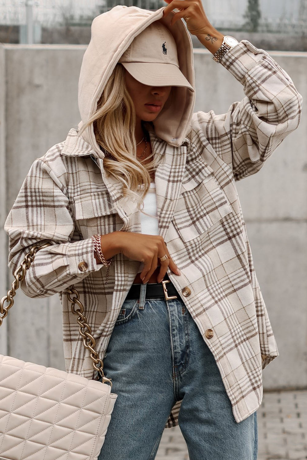 Khaki Plaid Removable Hooded Button Up Jacket - Eloy Royal