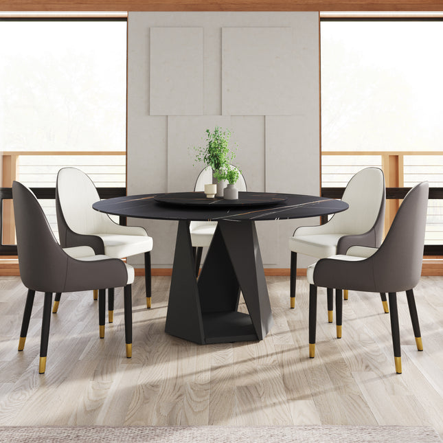 59.05' Round Marble Dining Table with Black Iron Metal Base, Artificial Marble for 6-8 People, 31.5'Black Artificial Stone Turntable,Black (Dining Table Only)