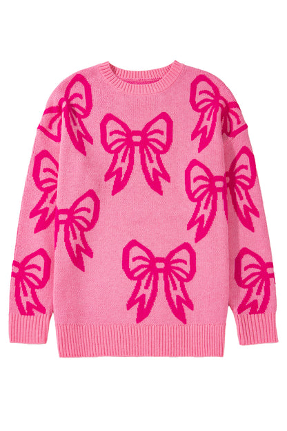 Pink Bow Pattern Drop Sleeve Loose Sweater