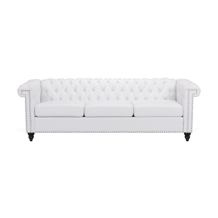 Chesterfield-Style 3 Seater Sofa with Button Tufting and Nail Head Accents in White PU