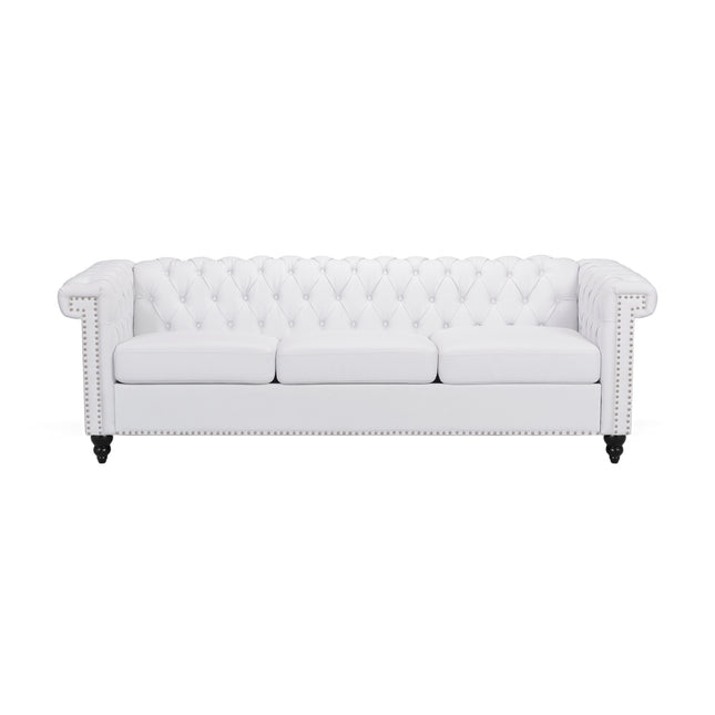 Chesterfield-Style 3 Seater Sofa with Button Tufting and Nail Head Accents in White PU