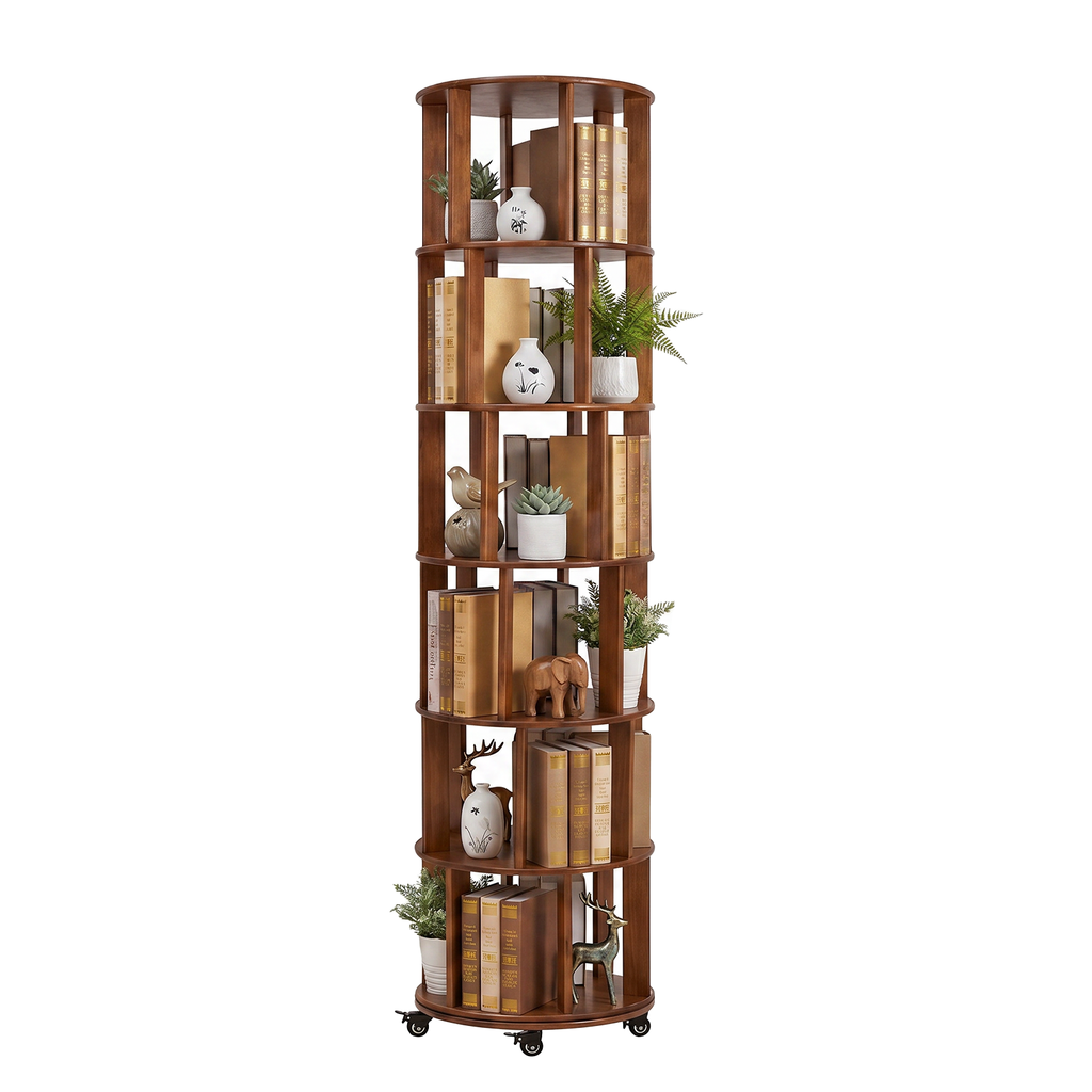 6 Tier Rotating Bookshelf, Solid Wood Rotating Bookshelf Tower with Wheels, 360° Display Round Spinning Bookshelf for Small Spaces, Corner, Bedroom, Living Room, Home, Office, Walnut