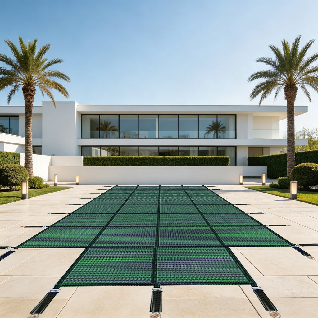 Inground Pool Safety Covers, Rectangular Winter Pool Cover for Swimming Pools, High Strength Mesh PP, Included Installation Tools,Green, Fit 16x32ft+4x8ft Center Step Pools