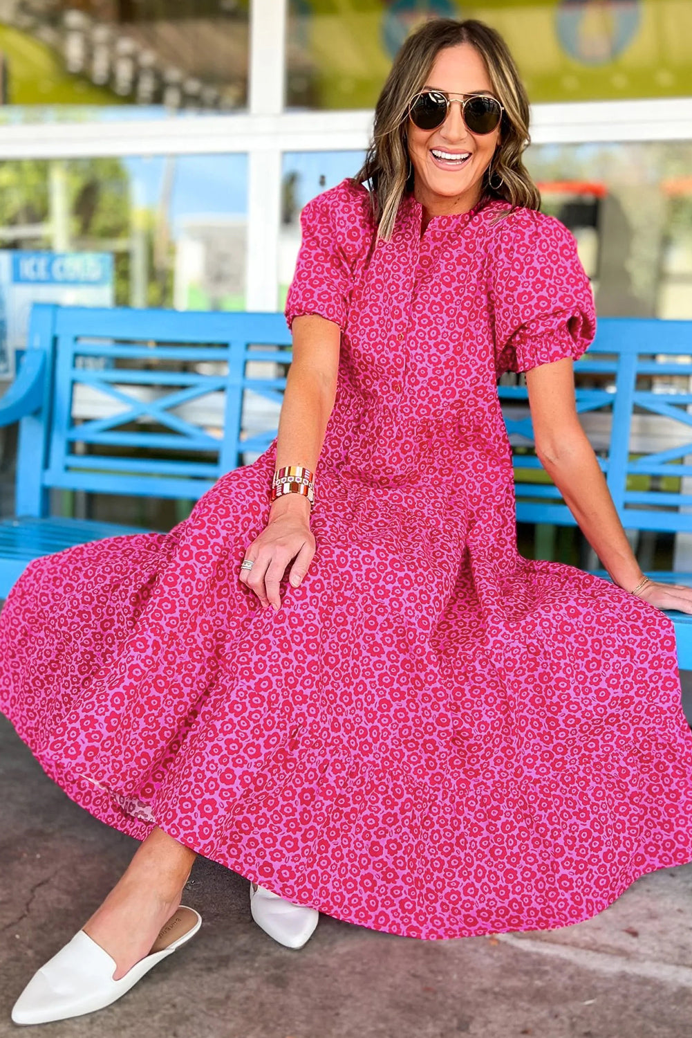 Rose Red Mock Neck Puff Sleeve Floral Tiered Maxi Dress - Eloy Royal