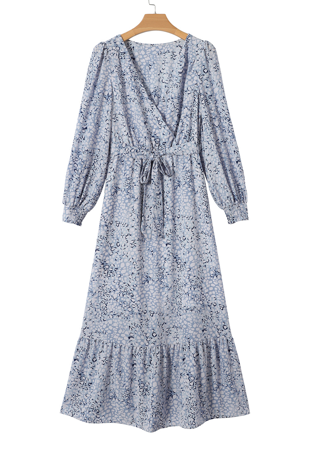 Sky Blue Printed Surplice V Neck Bubble Sleeve Sash Maxi Dress - Eloy Royal