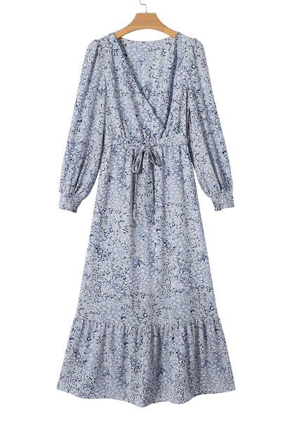 Sky Blue Printed Surplice V Neck Bubble Sleeve Sash Maxi Dress - Eloy Royal