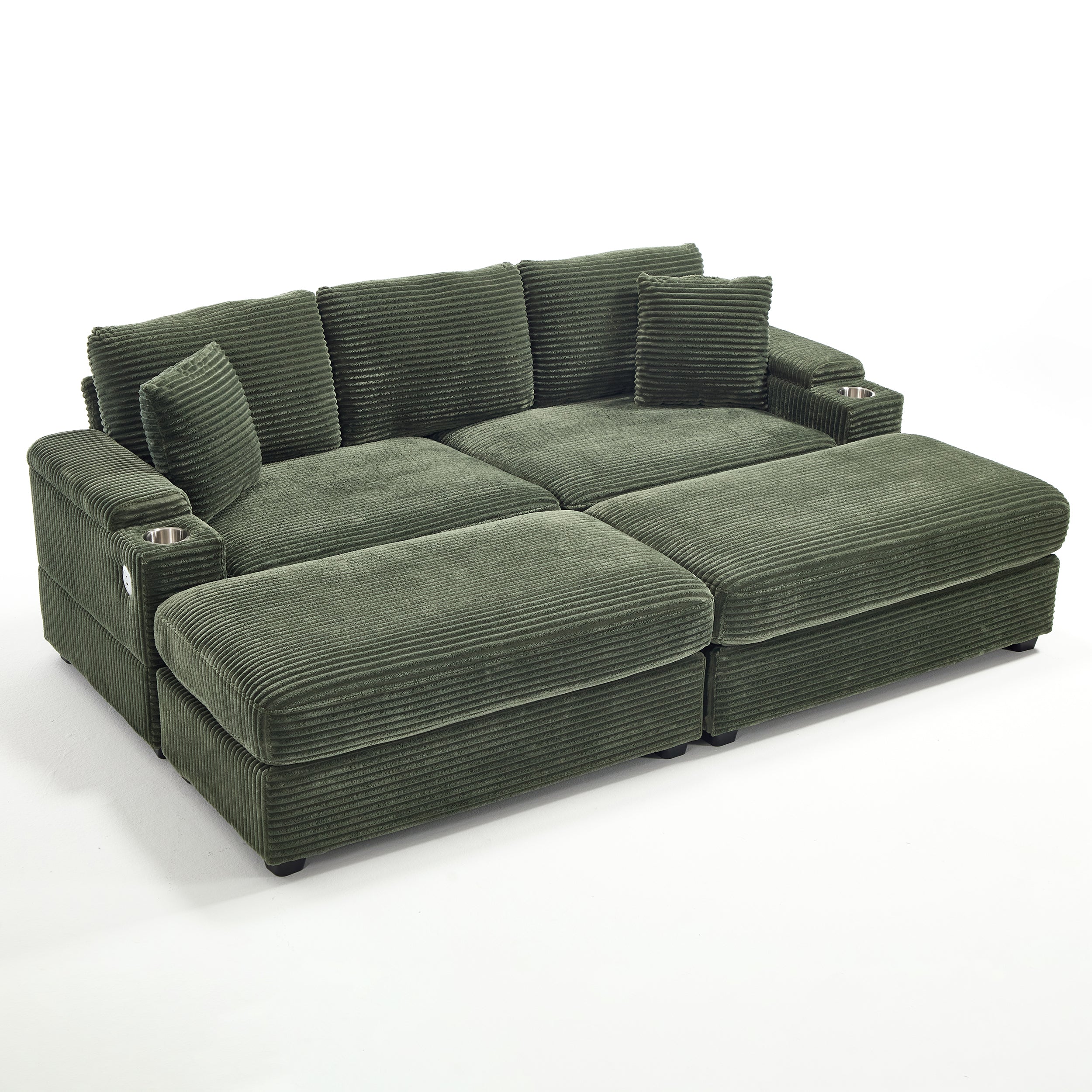 Modern Convertible Sectional Sofa Bed Set with Armrest Storage, Stainless Steel Cup Holder, USB, Green Corduroy, 4-Seater
