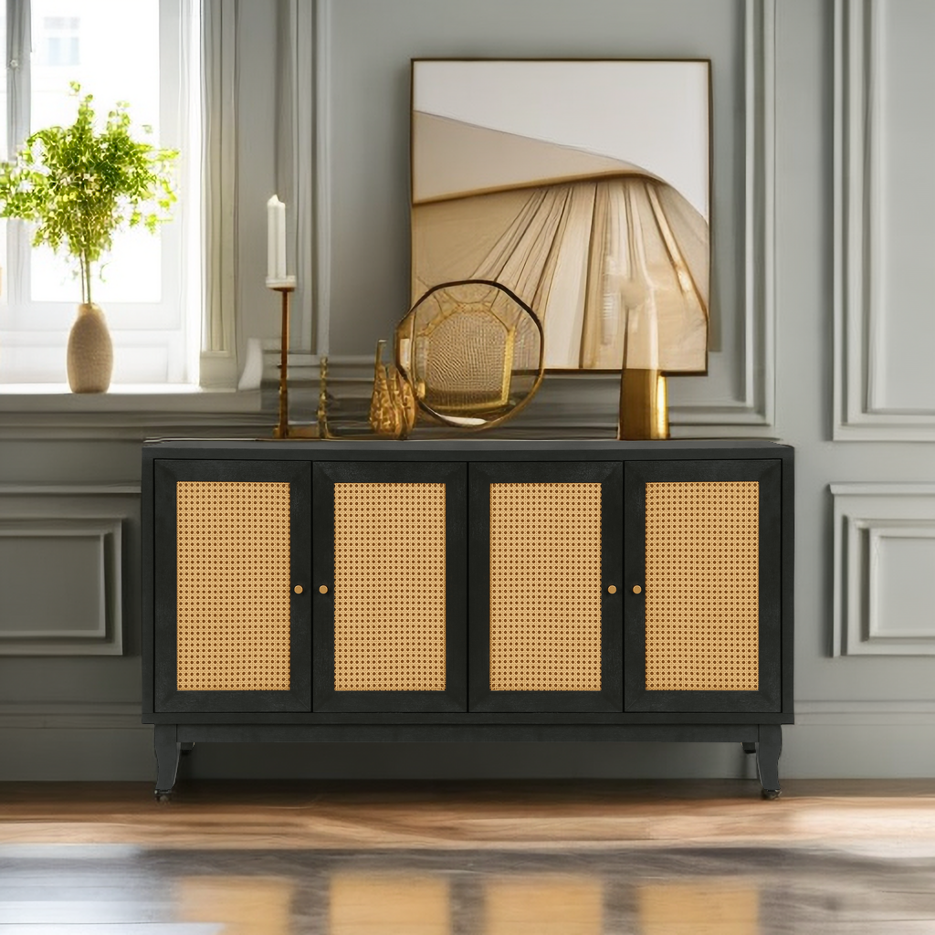Kristoff Rattan Four-Door Sideboard, Dark Grey, 60 in