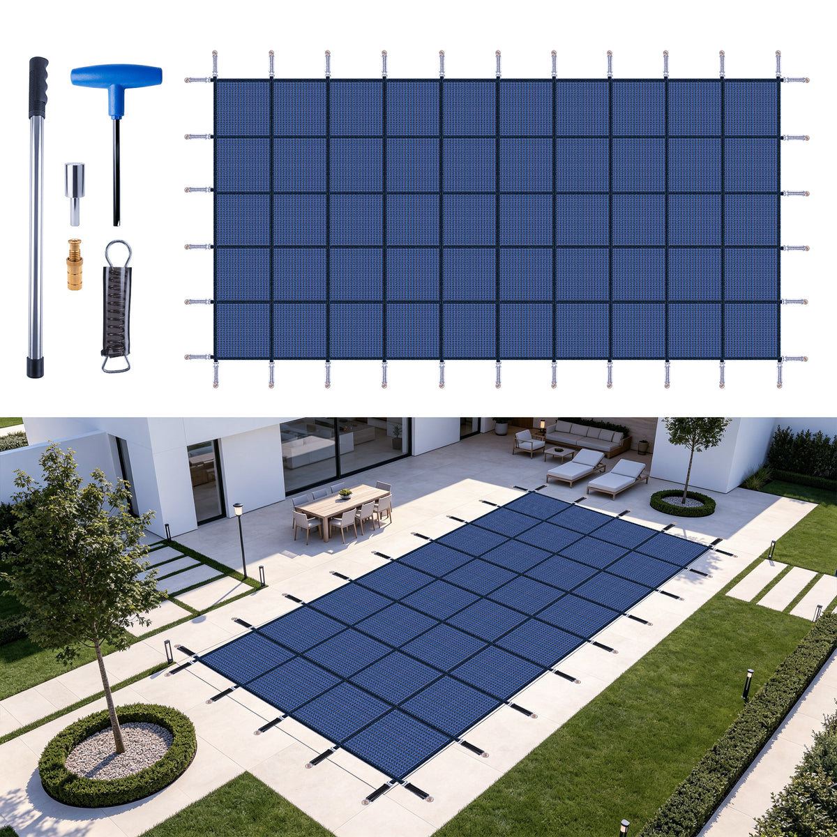 Inground Pool Safety Covers, Rectangular Winter Pool Cover for Swimming Pools, High Strength Mesh PP, Included Installation Tools,Blue, Fit 25x45ft Pools