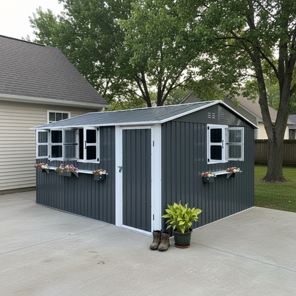 12x10 FT Outdoor Metal Storage Shed with 3 Clear Windows & Decorative Flower Rack, Lockable Single Door Tool Shed, Heavy Duty Waterproof Weatherproof Garden Shed for Backyard Patio Yard, Coal Gray