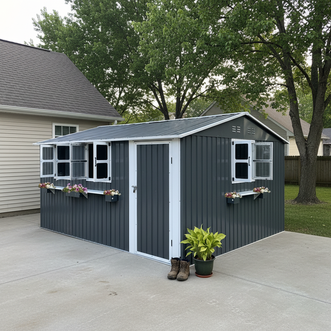 12x10 FT Outdoor Metal Storage Shed with 3 Clear Windows & Decorative Flower Rack, Lockable Single Door Tool Shed, Heavy Duty Waterproof Weatherproof Garden Shed for Backyard Patio Yard, Coal Gray