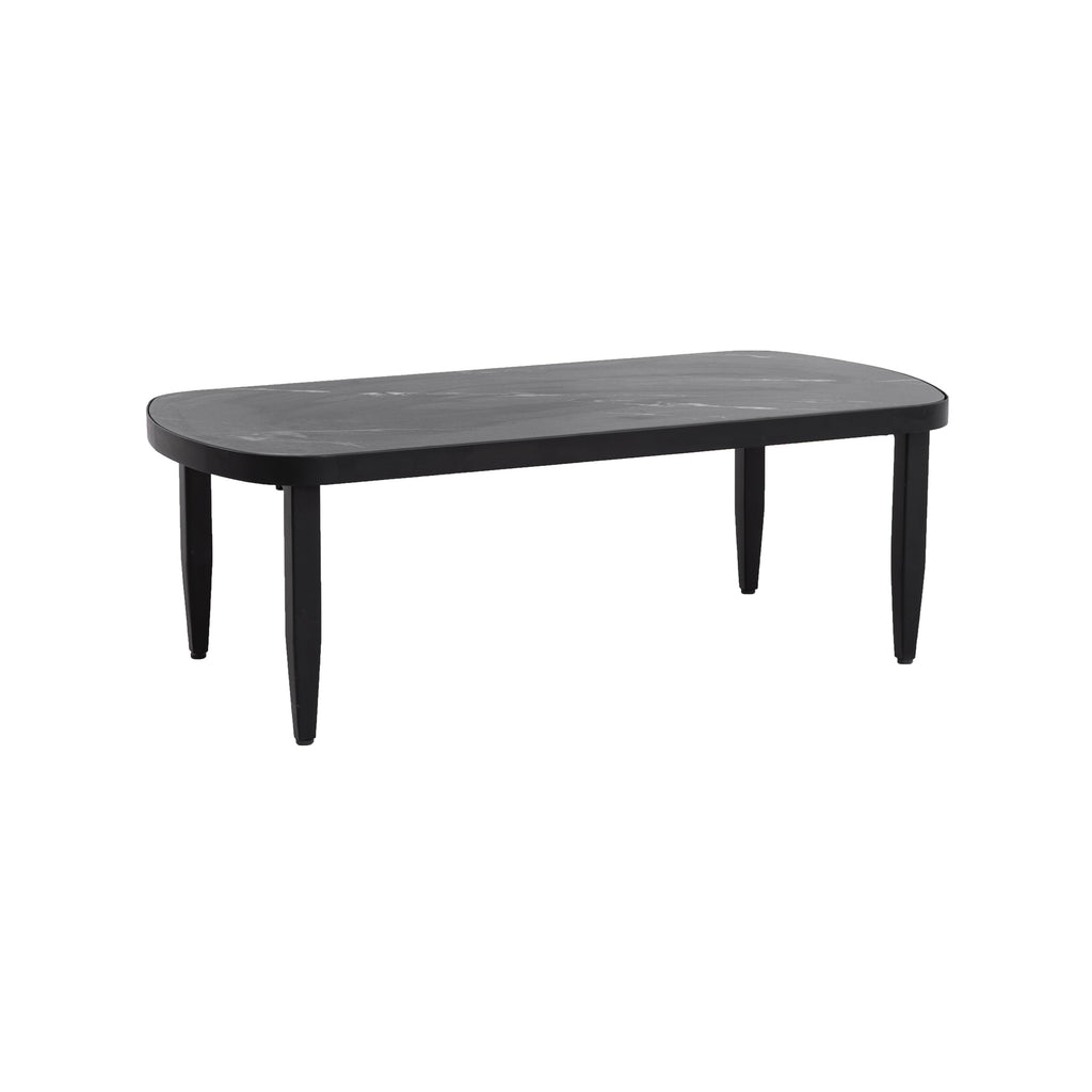 Modern Outdoor Elegance Arc Coffee Table with Black Marble-Inspired Sintered Stone Top, Aluminum Frame, Ember Black Finish, Post Tapered Legs & Rounded Corners, Weatherproof & Rust-Free